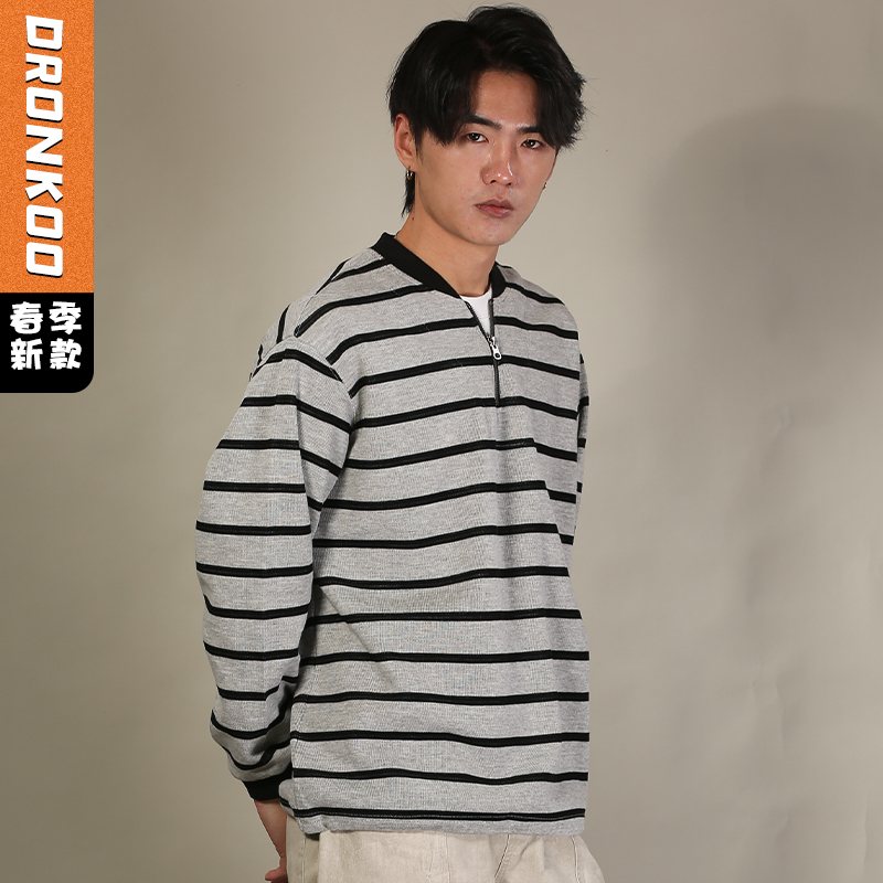 DRONKOO 2026 圆领V领拉链撞T恤宽条纹薄卫衣