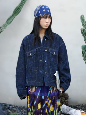 半圆/C66110339/丝绒牛仔提花面料翻领水洗短外套