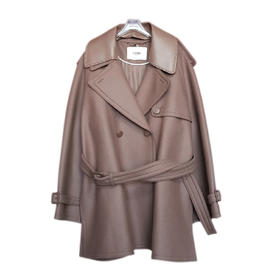 【95新】FENDI芬迪FF8838棕色拼皮革中长款双排扣羊毛大衣外套42码120226JJ03