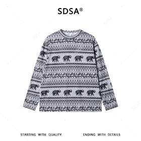 SDSA男装2026新款复古图腾休闲长袖大象满印条纹设计宽松圆领T恤