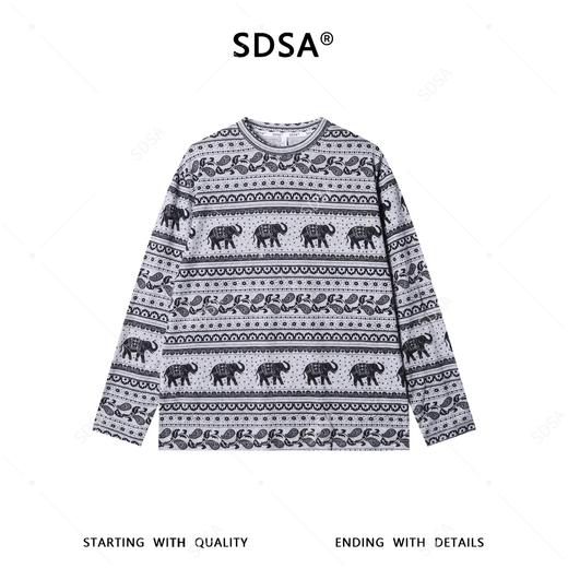 SDSA男装2026新款复古图腾休闲长袖大象满印条纹设计宽松圆领T恤 商品图0