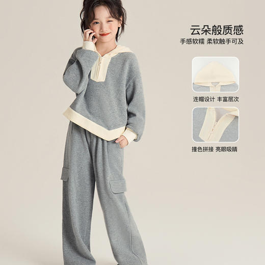【儿童服饰丨女童春季连帽休闲套装】面料软糯舒适，连帽+撞色拼接设计，层次丰富，衣身纹理清晰，软而不塌，款式休闲简约，出门一套搞定，不用费心搭配 商品图1