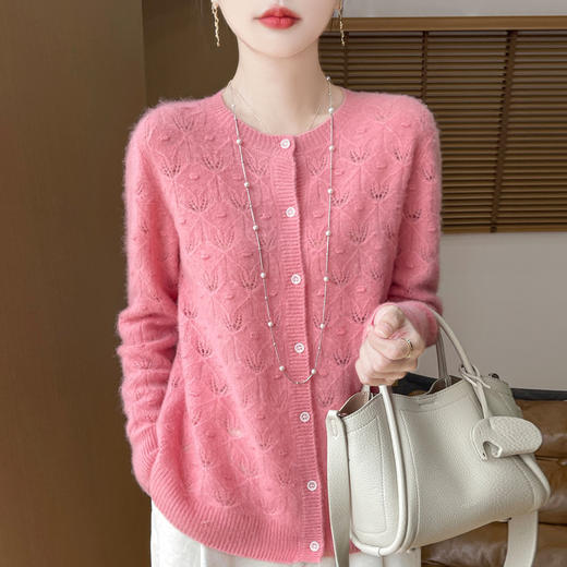 丁摩 100%羊毛春秋新款女装圆领镂空短款软糯镂空绞花针织打底开衫6ZF-311 商品图1