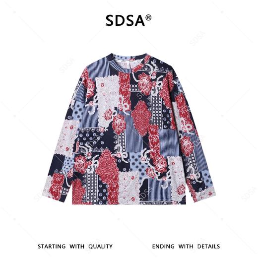 26T80SDSA男装2026新款潮牌民族风拼接长袖腰果花红蓝撞色宽松圆领T恤 商品图1