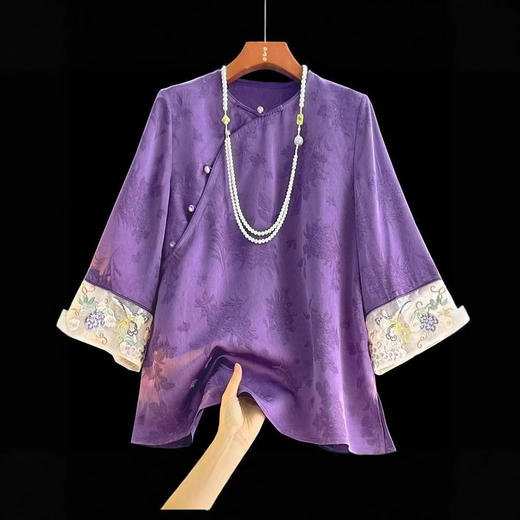 丁摩 洋气提花新中式国风女刺绣九分袖T恤春季宽松显瘦减龄上衣6ZF-9360 商品图0