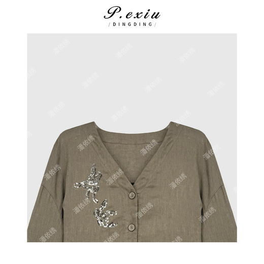 04-6潘依绣丁丁宠粉法式松弛亮片绣花系带长袖衬衣Q3371 商品图2