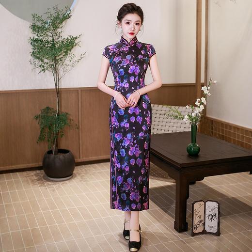 WX2026新款桑蚕丝旗袍紫色长款改良中式桑蚕丝连衣裙优雅气质修身复 商品图0
