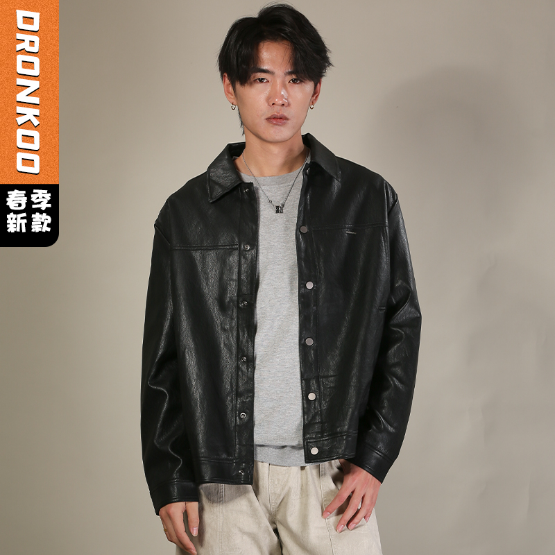DRONKOO 2026  翻领左金属标口袋双层仿真皮修身中厚皮衣