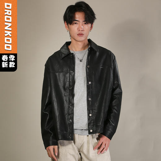DRONKOO 2026  翻领左金属标口袋双层仿真皮修身中厚皮衣 商品图0