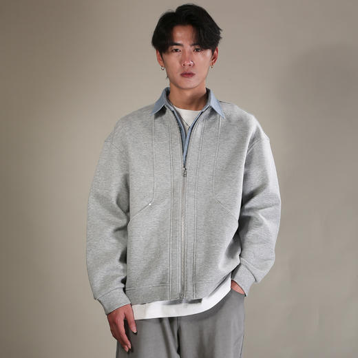 DRONKOO 2026 翻领牛仔色梭织拼针织假两件中厚夹克 商品图1