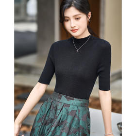 18针岛精扬子纱 100%羊毛  米思阳2026春季新款无缝一体五分袖短袖半高领针织打底衫女1064