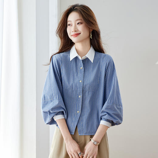 高级感撞色翻领蓝白条纹衬衫，宽松气质叠穿通勤穿搭上衣CC-QL-6228 商品图1