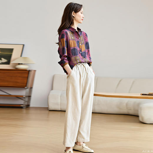 丁摩 棉麻两件套女2026春季新款洋气减龄宽松翻领开衫阔腿裤时尚套装6ZF-1109 商品图1
