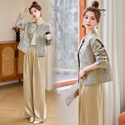 丁摩风气质套装女2026春季新款时尚贵气高腰缎面新中式两件套裤6ZF-6252 商品图3