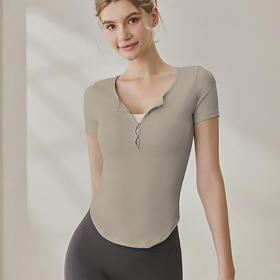跃牌【健舞健美】系列修身半开领短袖T恤运动户外普拉提健身服上衣8784（无胸垫）