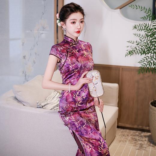 WX2026新款真丝旗袍紫色长款改良中式桑蚕丝连衣裙优雅气质修身复古 商品图2