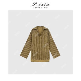 04-6潘依绣丁丁宠粉韩系简约条纹V领长袖衬衫Q70641