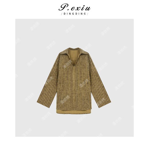 04-6潘依绣丁丁宠粉韩系简约条纹V领长袖衬衫Q70641 商品图0