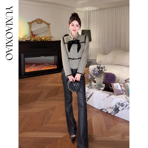 余潇潇【漫感千金】含羊毛经典千鸟格可拆卸蝴蝶结长外套&短外套 商品图4