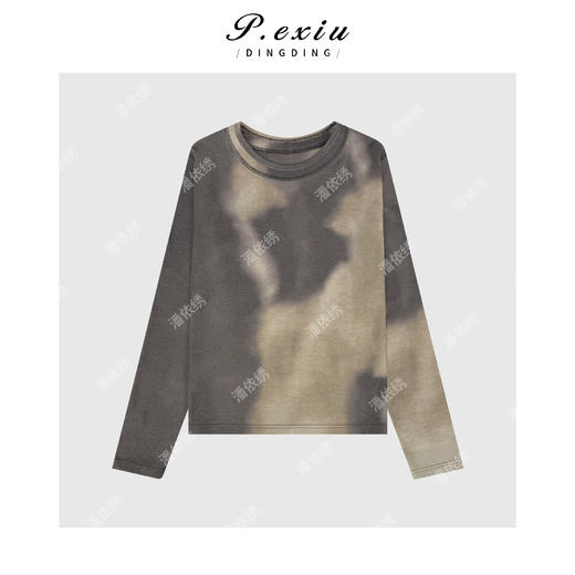 天丝渐变水墨晕染绒感圆领长袖T恤 W-63608 商品图1