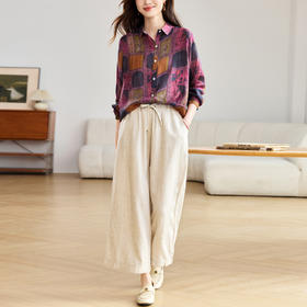 丁摩 棉麻两件套女2026春季新款洋气减龄宽松翻领开衫阔腿裤时尚套装6ZF-1109