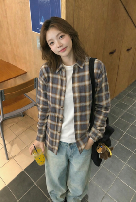 渐变格纹长袖衬衫