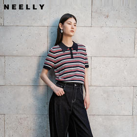 NEELLY纳俪商场同款夏季新款POLO领短袖针织衫女条纹撞色舒适上衣N26054A04504