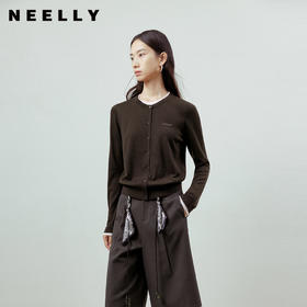 NEELLY纳俪商场同款春新款休闲圆领假两件针织开衫女简约舒适上衣N26012A01025