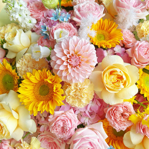 《半见》奶油桃子奶油粉雪山朱丽叶塔杯绿芯向日葵康乃馨花束直径45㎝ 商品图1