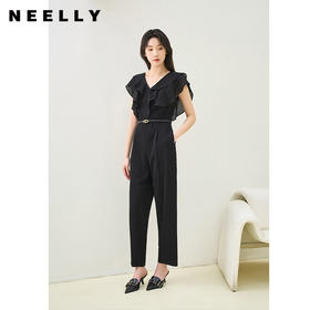 NEELLY纳俪商场同款夏季新款V领荷叶袖连体裤女垂感气质高腰款N26044Q04588