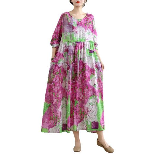 百媚生 复古文艺印花连衣裙女春秋长袖棉麻长裙C024-5097 商品图4