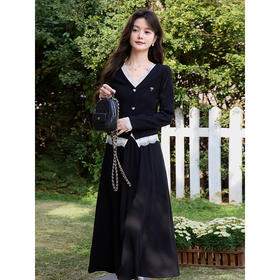 鹿向南「浅漾墨樱」法式假两件黑色T恤半身裙春季法式时尚套装女