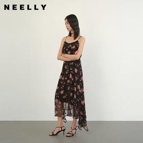 NEELLY纳俪商场同款夏季新款法式印花拼接吊带裙女不规则裙摆长裙N26044Y04556