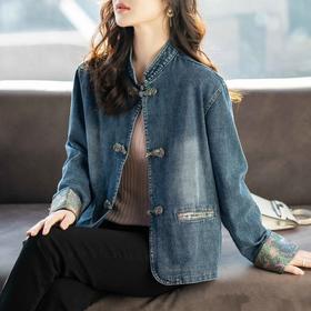百媚生 国风立领盘扣牛仔外套女XFY2125
