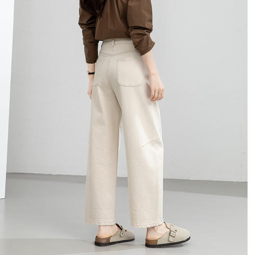 百媚生 棉质麻色阔腿牛仔裤女高腰宽松九分弯刀裤子EC86021 商品图3