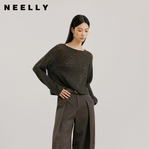 NEELLY纳俪商场同款春新款时尚镂空软糯针织衫女复古落肩百搭上衣N26021A01057 商品图0