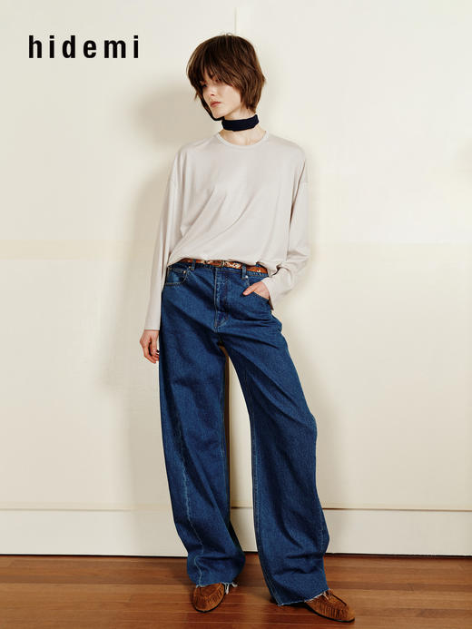 hidemi副线小h 松弛感宽松落肩圆领长袖T恤 商品图2