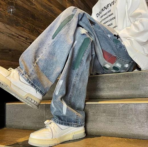 F030184高品质重工水洗刺绣涂鸦美式复古洗旧直筒牛仔裤 商品图3