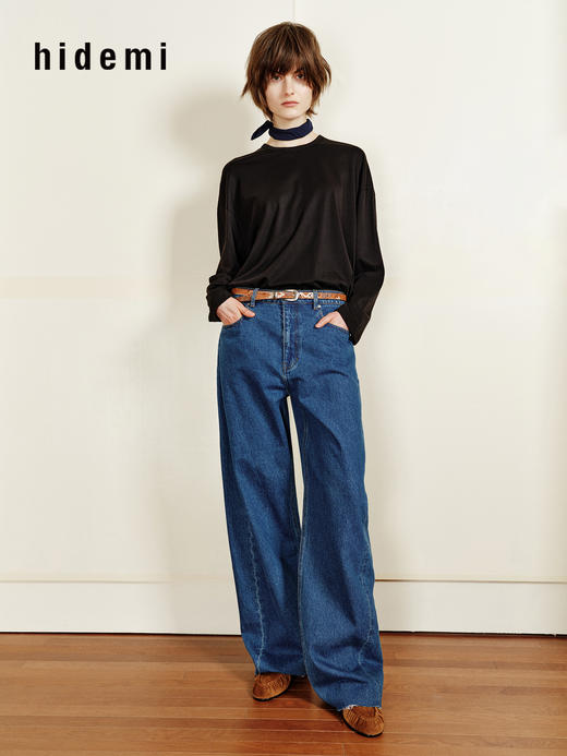 hidemi副线小h 松弛感宽松落肩圆领长袖T恤 商品图6