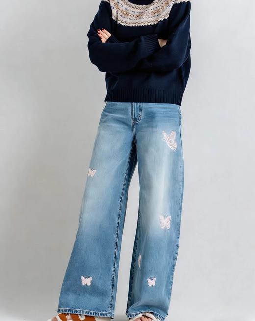 F030148重工刺绣蝴蝶结高品质浅蓝色宽松阔腿牛仔裤女春季拖地长裤 商品图1