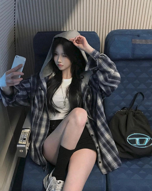 韩国Bellide拼接格子连帽衬衫 商品图1