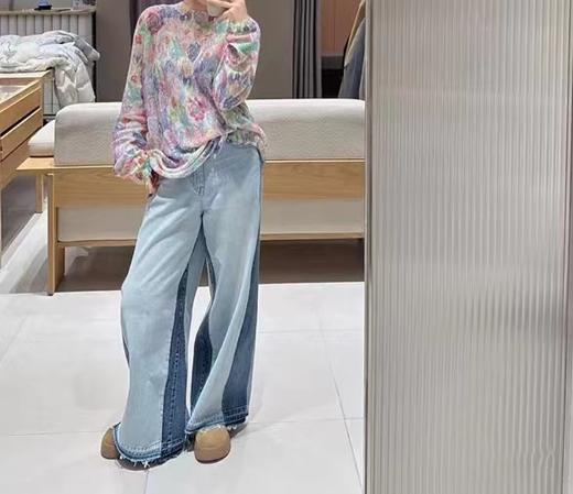 F030149春新品牛仔裤高腰阔腿显瘦拼色毛边设计直筒休闲裤 商品图7