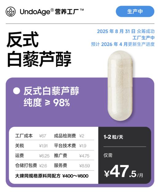 反式白藜芦醇｜纯度 ≥ 98%【2025 年 8 月 31 日 众筹成功，工厂生产中，预计 2026 年 4 月更新生产进度】 商品图0