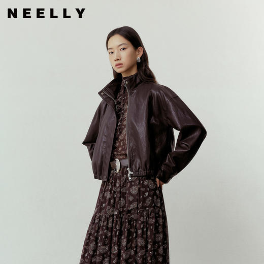 NEELLY纳俪商场同款春季新款复古立领简约短款皮衣女利落休闲外套N26012C01036 商品图0