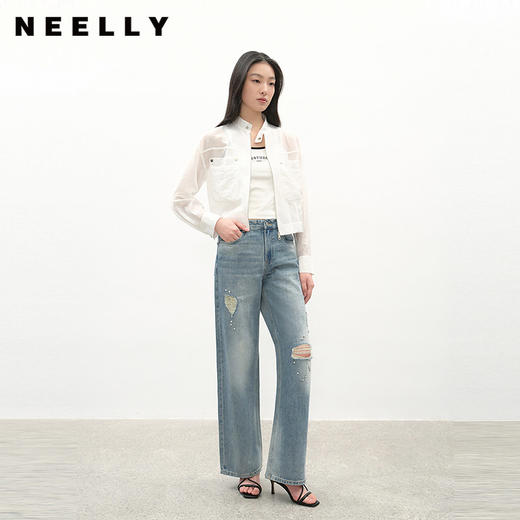 NEELLY纳俪商场同款夏季新款时髦破洞直筒牛仔裤女百搭休闲长裤N26044H04540 商品图0