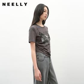 NEELLY纳俪商场同款夏季新款圆领印花修身T恤女百搭显瘦舒适上衣N26044T04421