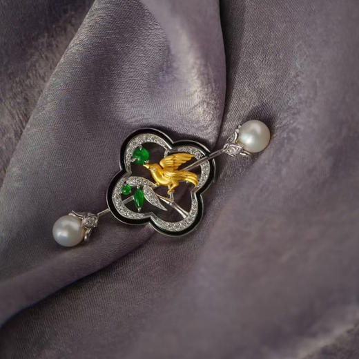 龢盒原创  银镶竹林小鸟翡翠胸针 商品图0