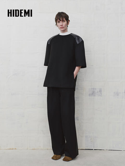 HIDEMI 复古环保麂皮绒廓形套装圆领拼皮油蜡皮套头上衣/阔腿长裤 商品图1