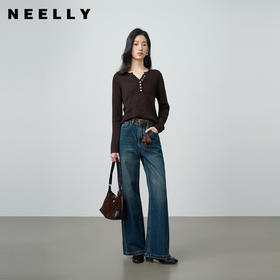 NEELLY纳俪商场同款春季新款复古阔腿水洗牛仔裤女休闲高腰长裤N26024H05506