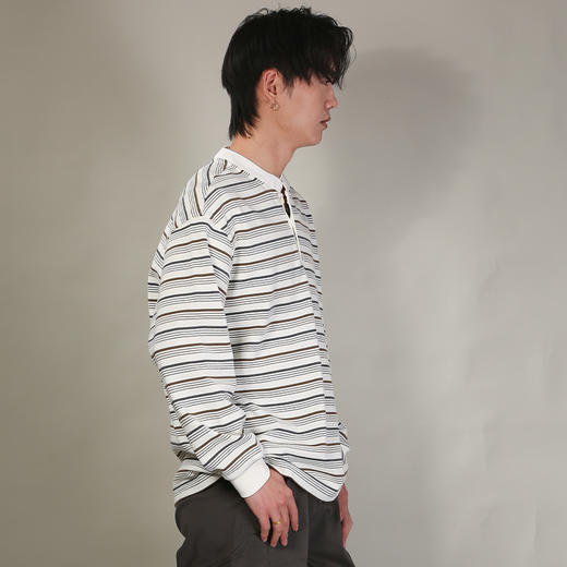 DRONKOO 2026 圆领前开扣多色细条纹长袖中厚T恤 商品图3